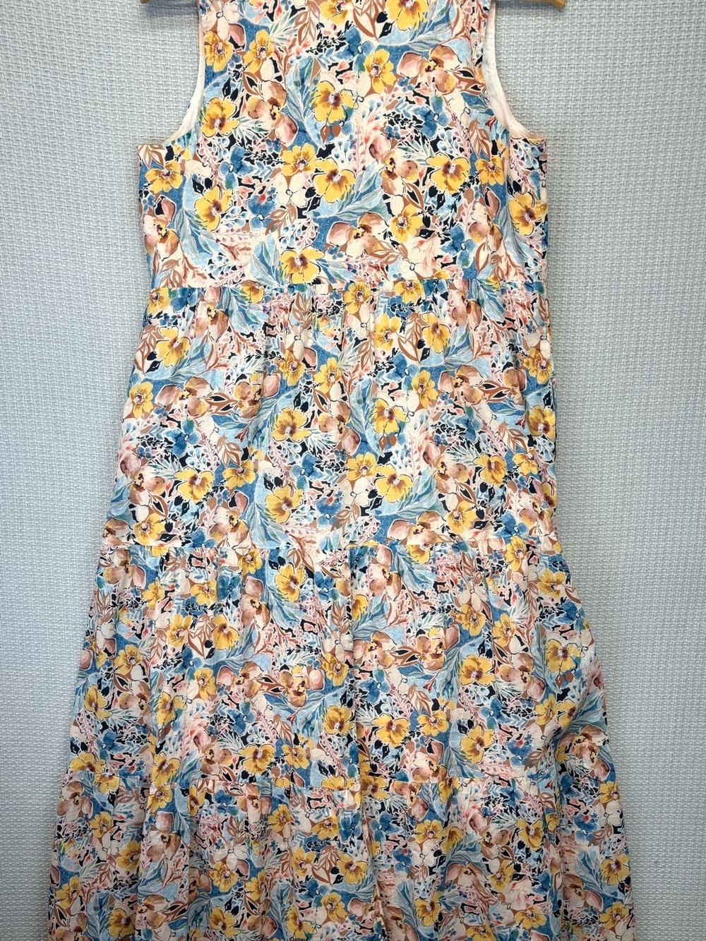 J Jill Floral Linen Blend Sleeveless Tiered Midi Dress Sz Small Baby Shower Boho - Picture 6 of 10